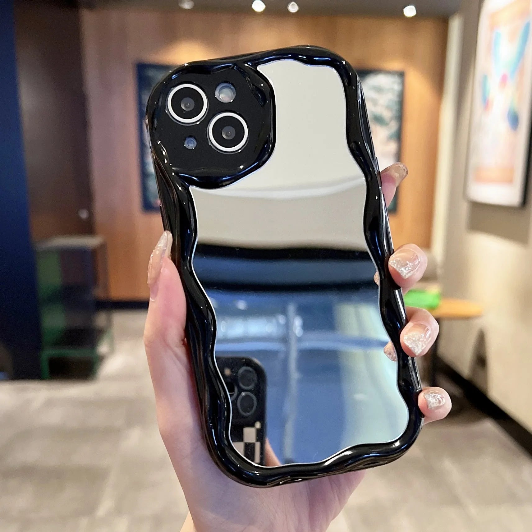 Cream pattern mirror phone case for iPhone with reflective back and drop-resistant TPU build