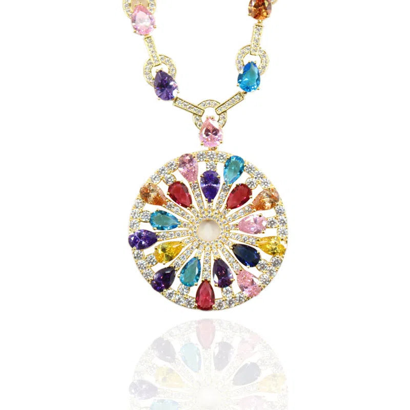 Geometric Yajin necklace with inlaid zircon pendant, bamboo link chain, adjustable 21-50cm, photo colour