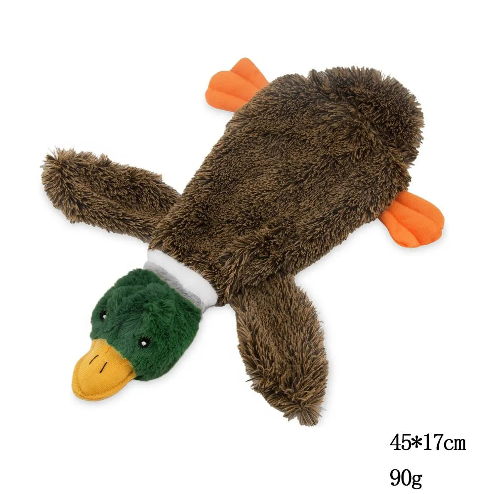 Green wild duck design stuffless dog toy with two squeakers and bottle insert cavity.