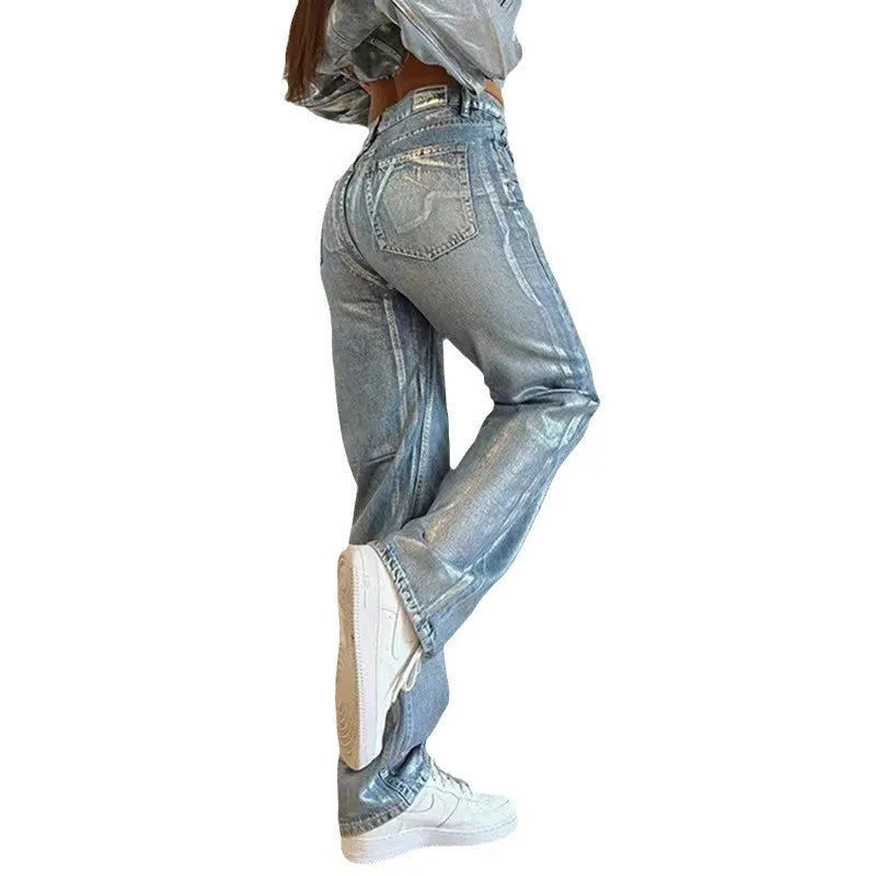 Blue high waist straight leg jeans with contrast details on mannequin