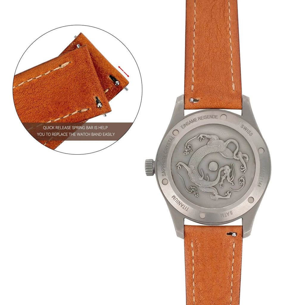Retro pure cowhide leather watch strap with pin buckle in brown steel buckle finish 20mm width