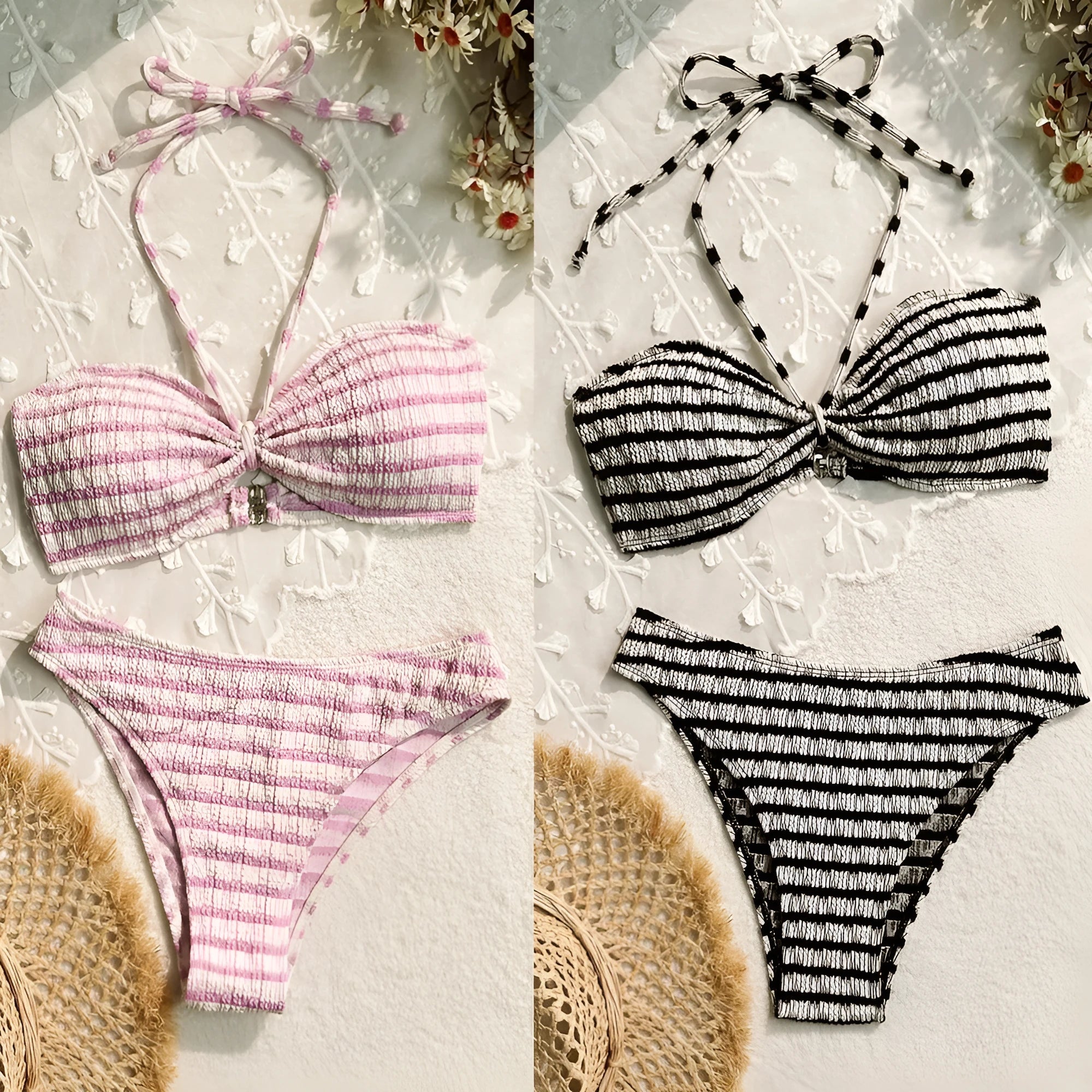 Women's striped printed bikini swimsuit in black, polyester two-piece with briefs bottom and sleeveless top