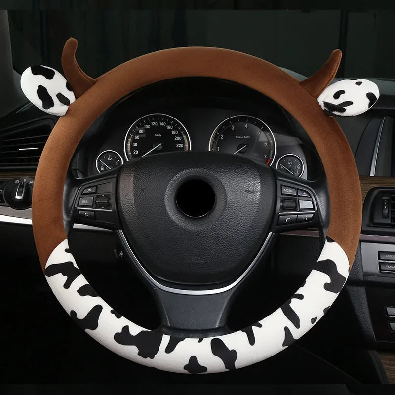 Plush car steering wheel cover in black or coffee brown colour with soft texture