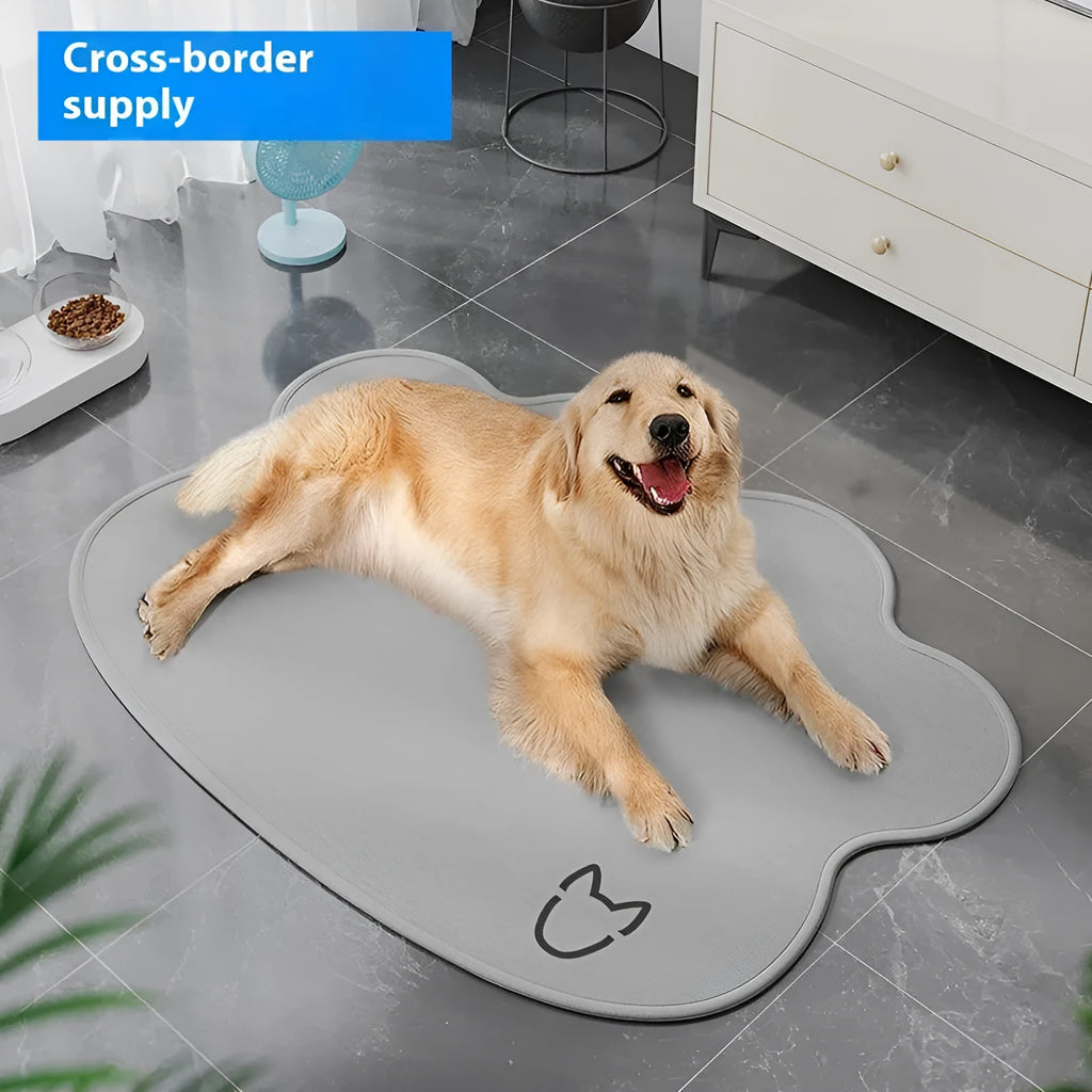 Ice silk dog cooling mat with dog head pattern in light grey on a wooden floor