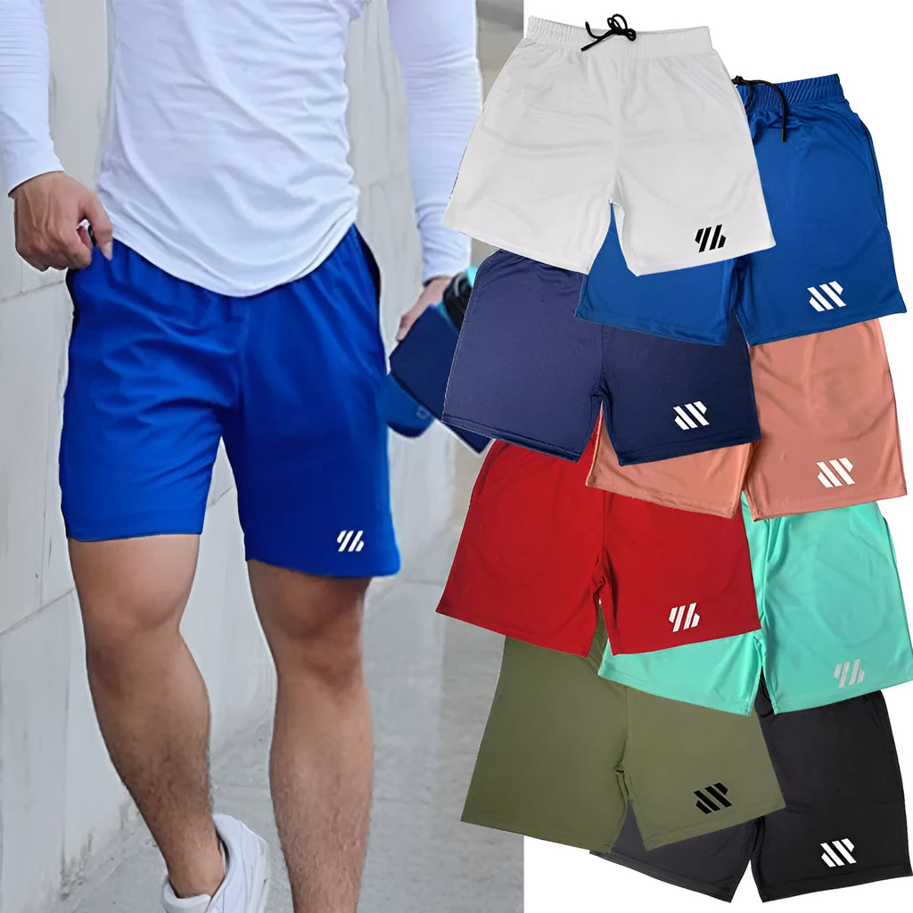 Black metal silk fabric sports shorts with a loose fit, laid flat.