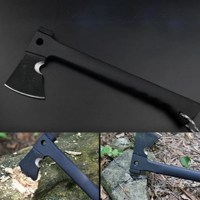 Black survival tactical axe with stainless steel blade and K sheath on outdoor rocky surface