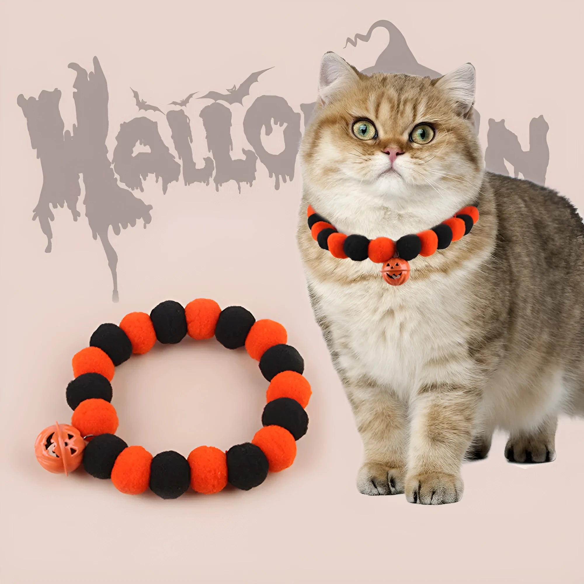 Orange Halloween pumpkin cat collar with adjustable buckle shown in small, medium, and large sizes