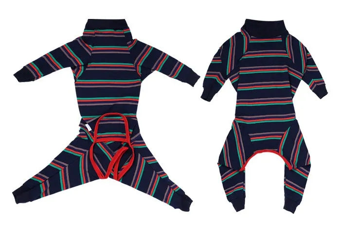 Grey fully enclosed high elastic four-legged cotton dog pajamas on a small dog