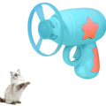 Blue interactive cat toy gun with plastic Frisbee mounted on launch mechanism