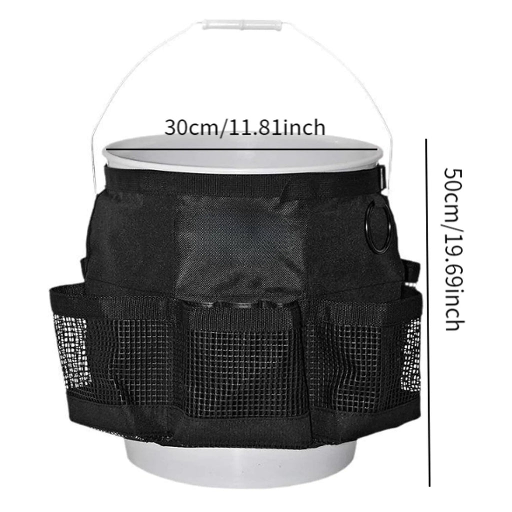 Black polyester bucket storage bag hanging on 5 gallon bucket for tool organisation