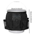 Black polyester bucket storage bag hanging on 5 gallon bucket for tool organisation