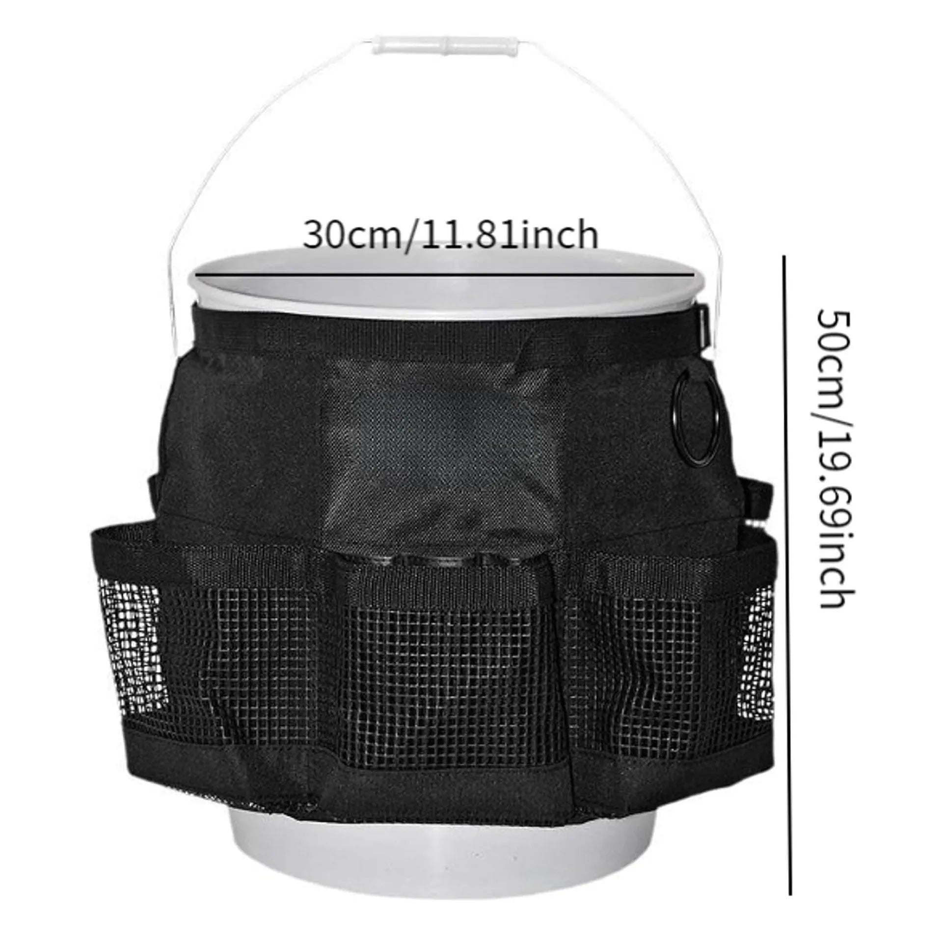 Black polyester bucket storage bag hanging on 5 gallon bucket for tool organisation