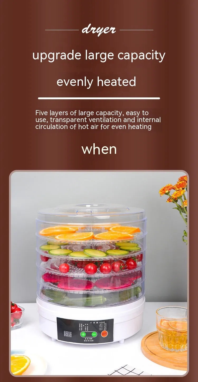 Household food dehydrator appliance with multiple stacked drying shelves on a countertop
