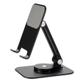 Aluminium alloy rotary desktop mobile phone holder in silver grey with silicone pad, unfolded on desk