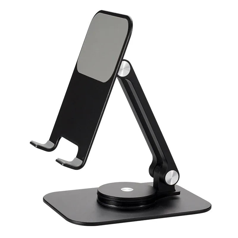 Aluminium alloy rotary desktop mobile phone holder in silver grey with silicone pad, unfolded on desk