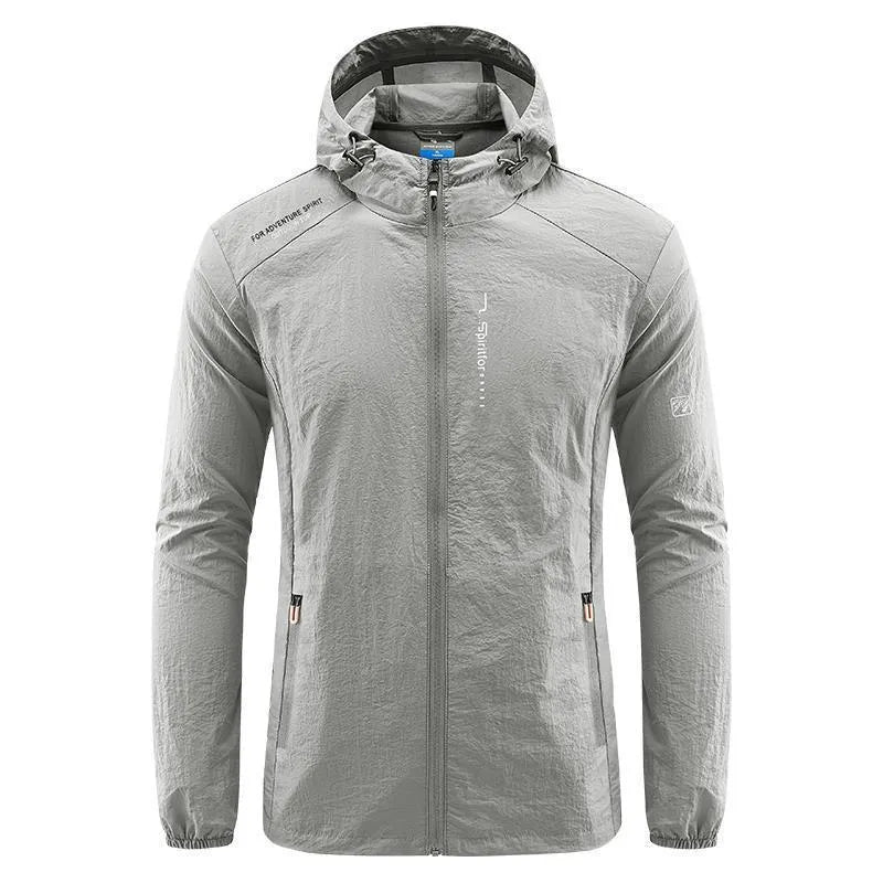 Men's loose fit hooded summer jacket in nylon, shown in light grey colour.