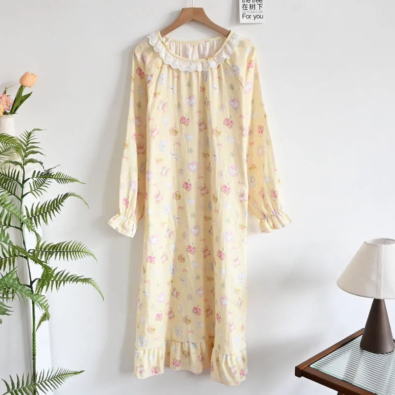 Long sleeve nightdress with cat print, loose soft fabric, long skirt, women's sleepwear
