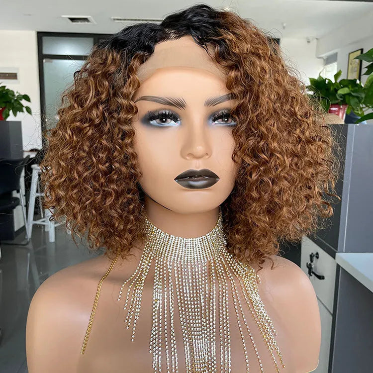Ombre curly Bobo 1B30 human hair lace wig in black colour with oblique bangs