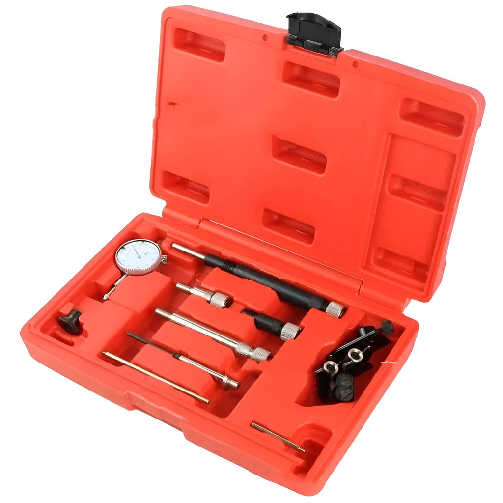 General fuel timing installation tool set VT01818 with ten carbon steel pieces arranged on a workbench