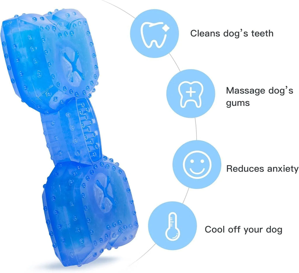 Freezable dog chew toy in bone and circle shapes with a treat slot, shown frozen.