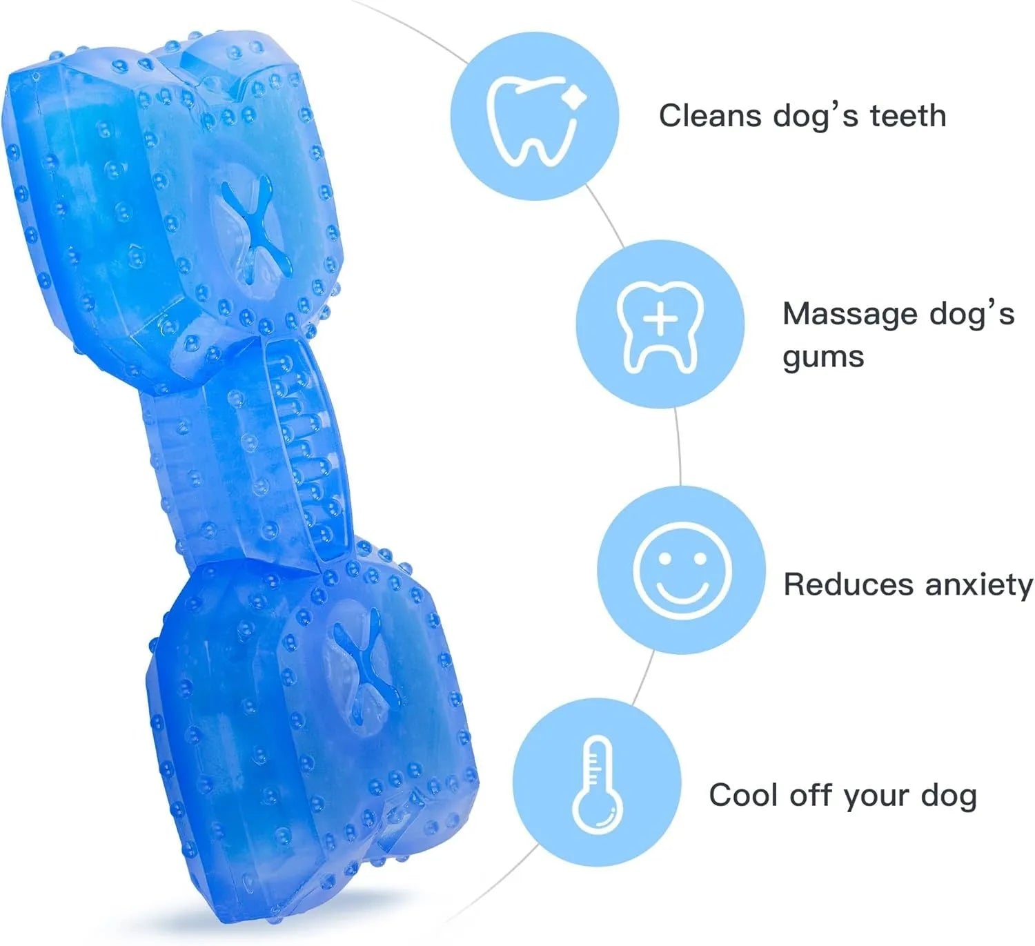 Freezable dog chew toy in bone and circle shapes with a treat slot, shown frozen.