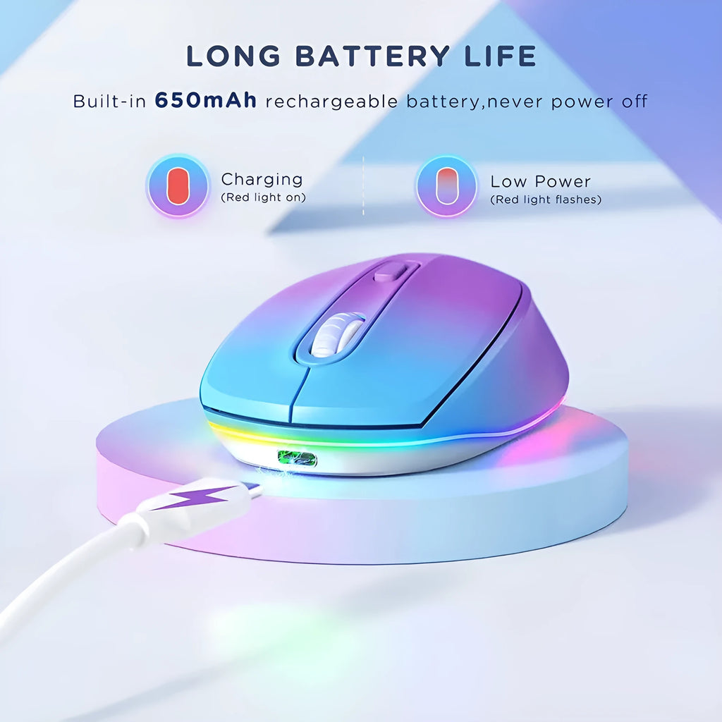 24g ultralight wireless ergonomic mouse in various colours, shown with USB charging cable.