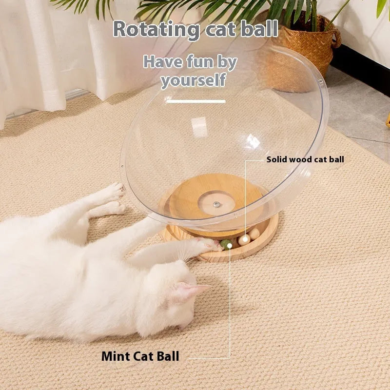 Transparent acrylic space capsule shaped cat bed on a turntable base, shown in a large size.