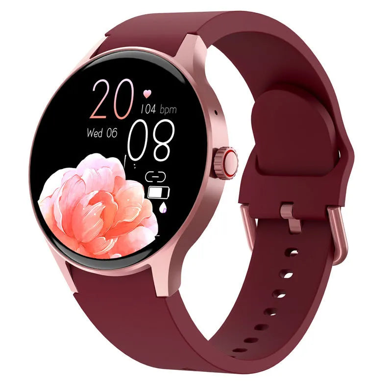 Black unisex smart sport watch with a round screen on a wrist, showing a watch face.