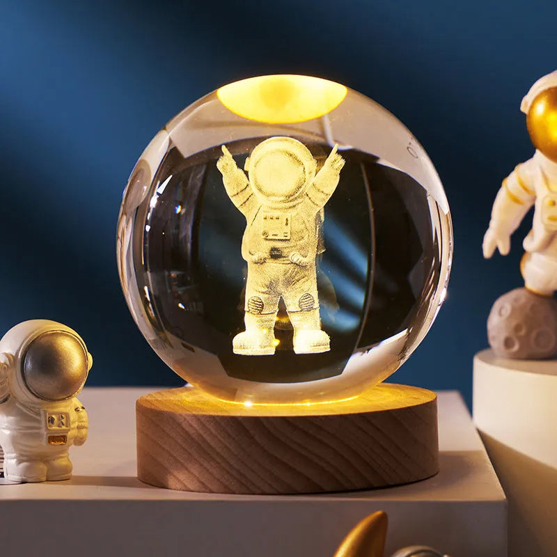 3D crystal ball night lamp with starry sky planets and moon projection on wooden base