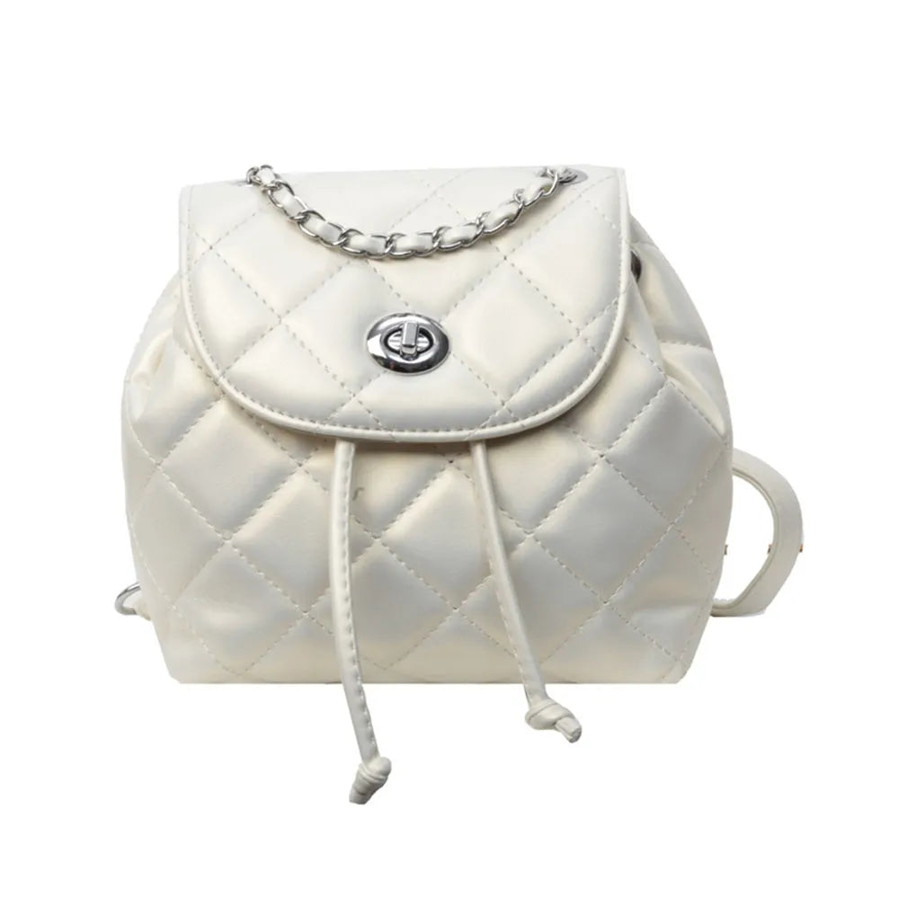 Women's rhombus plaid pattern backpack in PU material, shown in multiple colours.