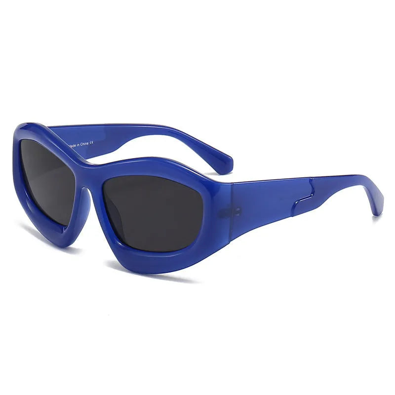 Unisex concave shape sunglasses with black frame and black grey lens, bubble style design for outdoor use