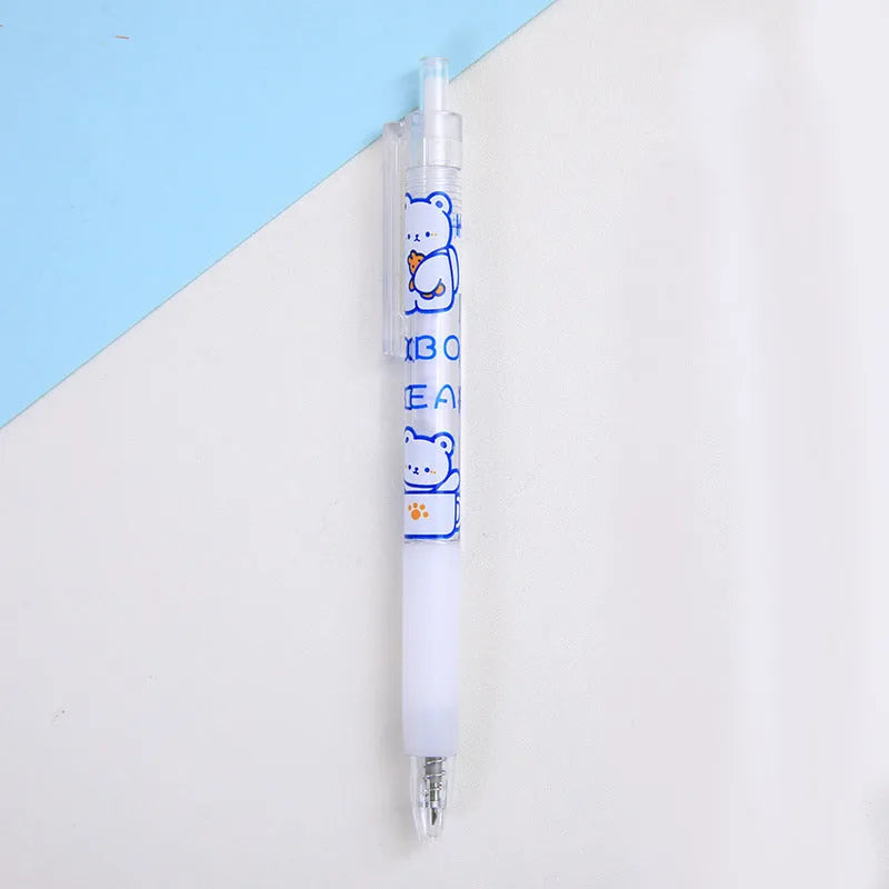 Set of six cute bear and bunny themed press pen knives on a white background.