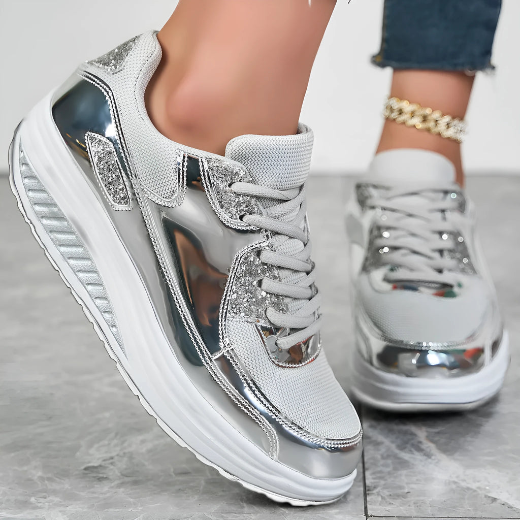 Women's outdoor travel leisure shoes mesh upper round toe gold silver solid colour