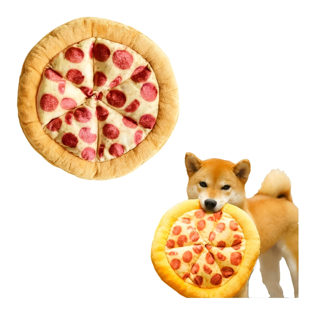 Yellow teddy bear shaped pizza dog chew toy with squeaker.