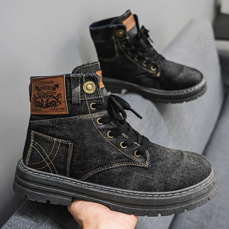 Plus size men's mid-top canvas Martin boots in black, round toe, PVC sole injection moulded