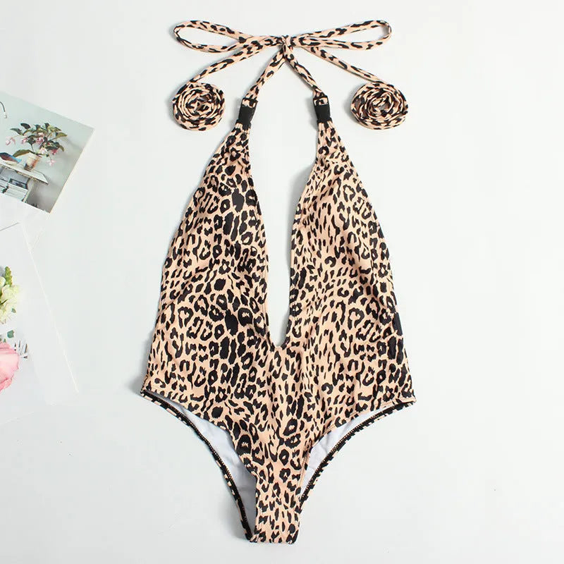 Women's leopard print bandage one-piece swimsuit with backless European design