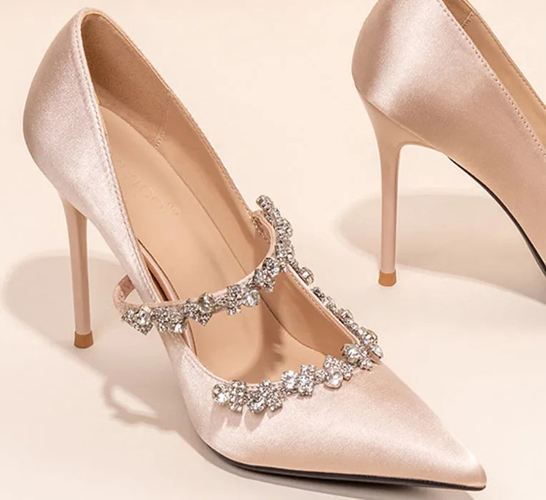 Nude slip-on high heels with rhinestone decorations, satin upper, sheepskin lining, 8CM heel height