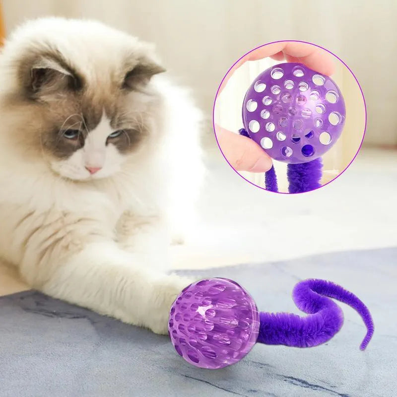 Interactive cat ball toy with bouncy ball and worm-like tail for indoor cats