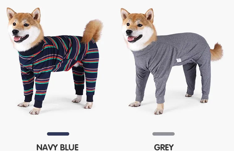 Grey fully enclosed high elastic four-legged cotton dog pajamas on a small dog
