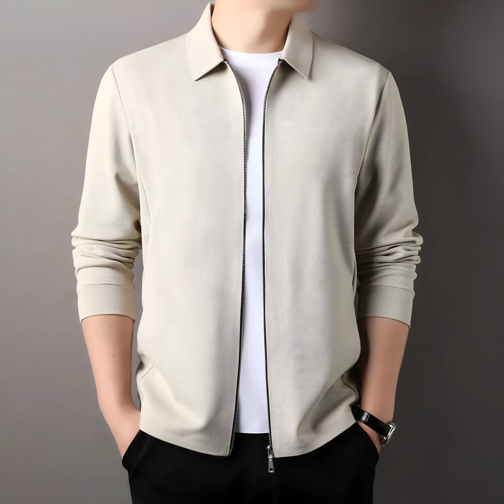 Men's apricot coloured casual business jacket with straight hem and long sleeves.