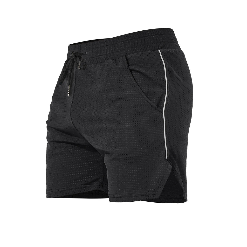Men's black polyester straight-leg sports casual shorts on a neutral background.