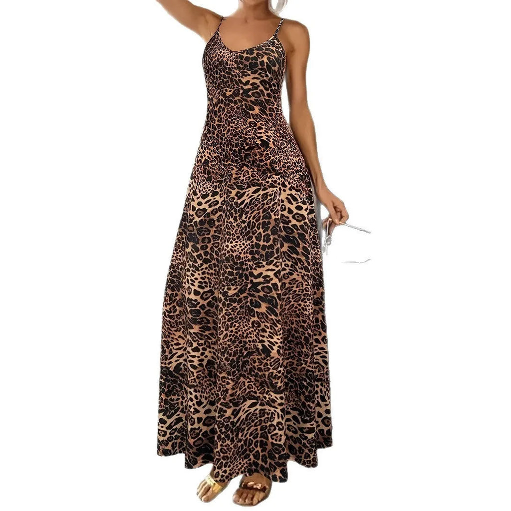 Dark brown leopard print sleeveless dress with loose fit and round neck