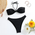 Black women's bikini set with lace-up tube top and briefs in polyester swimwear