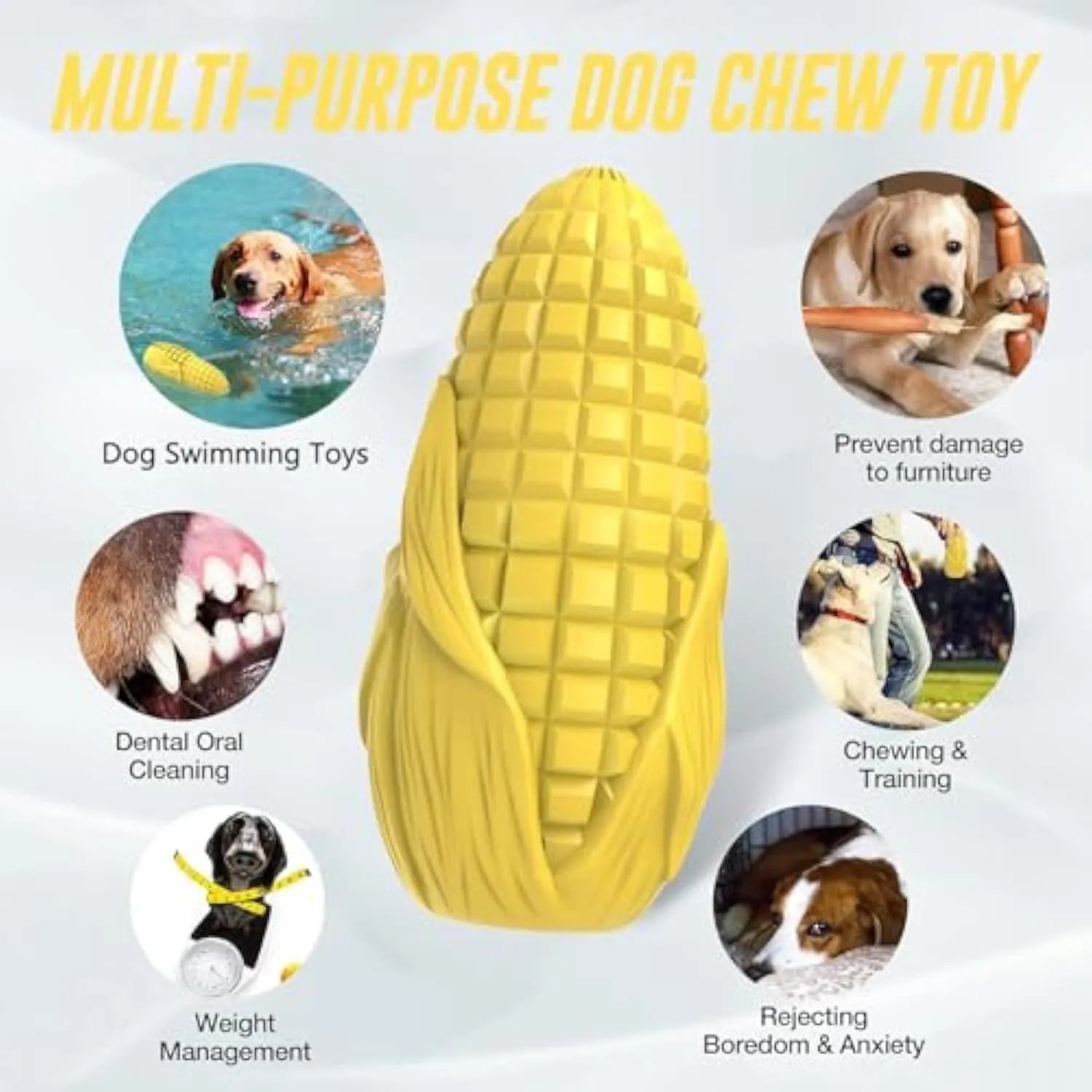Blue corn-shaped dog chew toy with textured surface and grooves for medium to large breed dogs