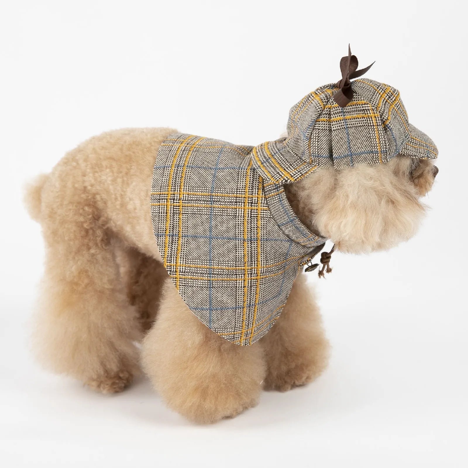 Camel-coloured detective suit style cotton cloak for a dog, featuring an adjustable hat.