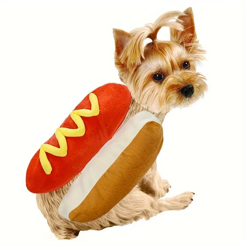 A dog wearing a stuffed hot dog costume coat in winter