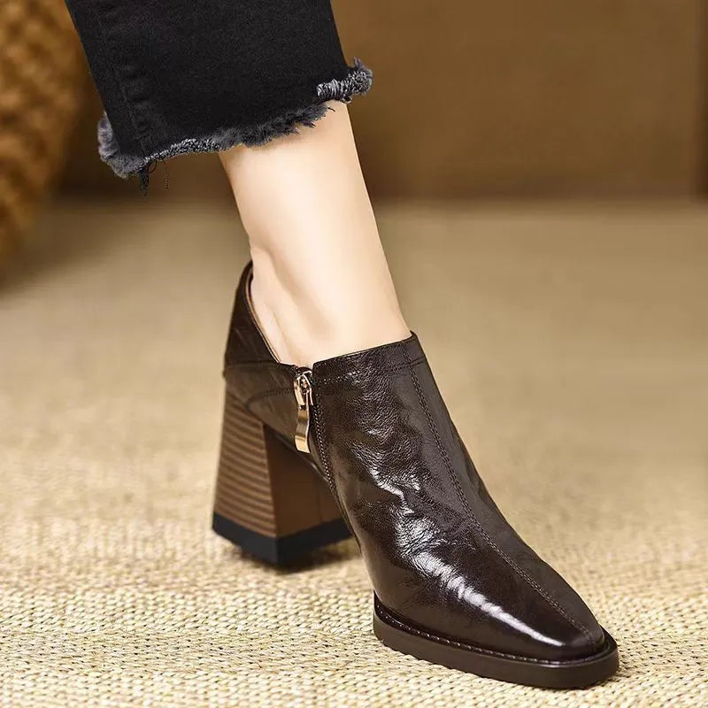 Chunky heel side zip women's high heels in black with square toe and mid heel 3-5cm
