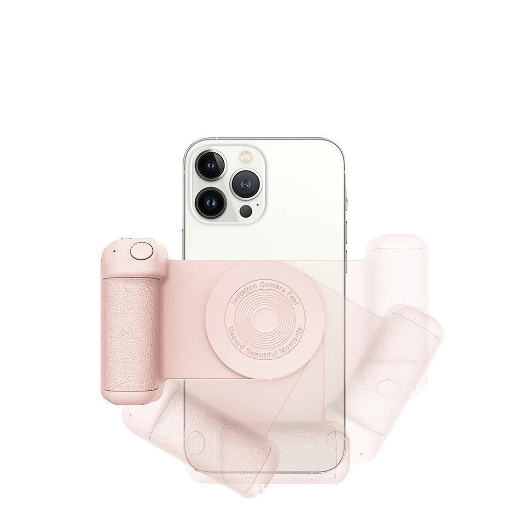 Black magnetic phone camera handle with rotatable design and PU leather grip on wooden table