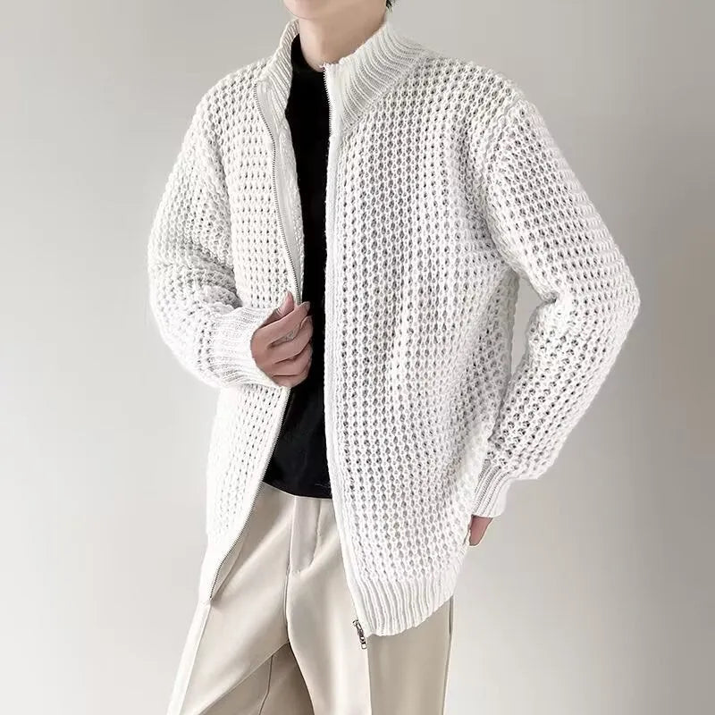 Men's autumn cardigan coat in black with loose fit and rabbit hair blend fabric