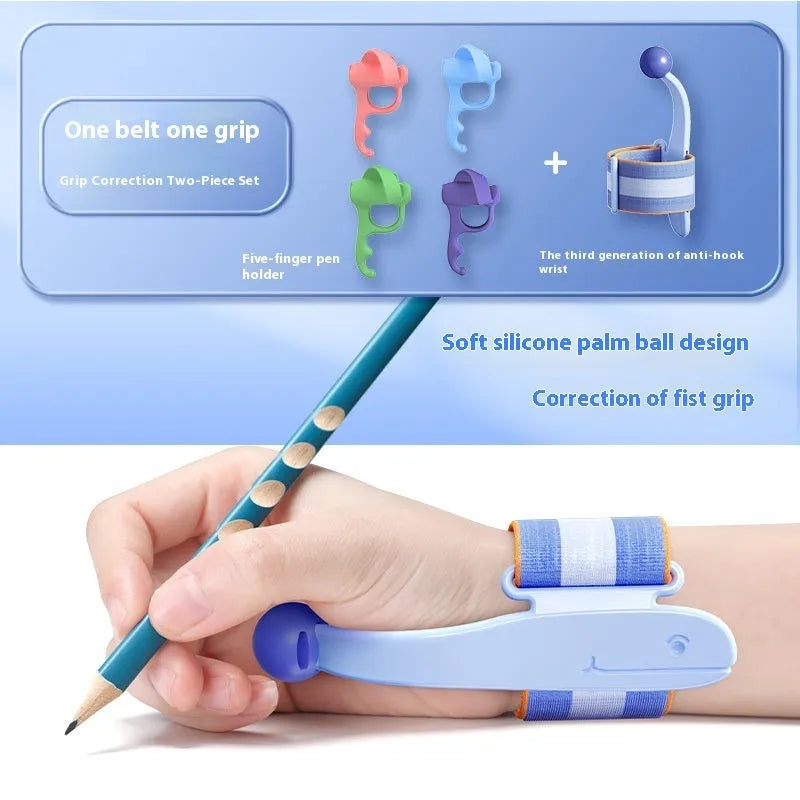 Blue Anti-hook Holder Pen Control Corrector, a wrist brace and pencil grip for children's handwriting.